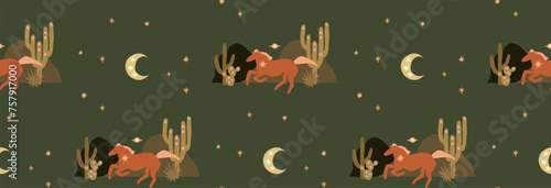 Wild west horse and cactus seamless pattern. Boho hand drawn background