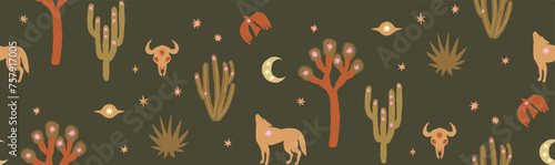 Wild west coyot and cactus seamless pattern. Boho hand drawn background