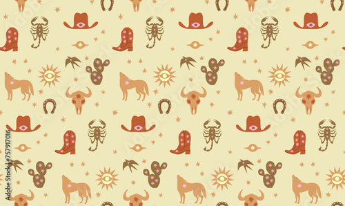 Wild west coyote and cowboys stuff seamless pattern. Boho hand drawn background
