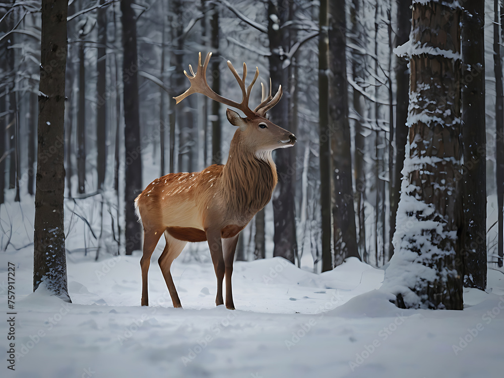 Fototapeta premium Noble deer male in the winter snow forest. Artistic winter Christmas landscape.