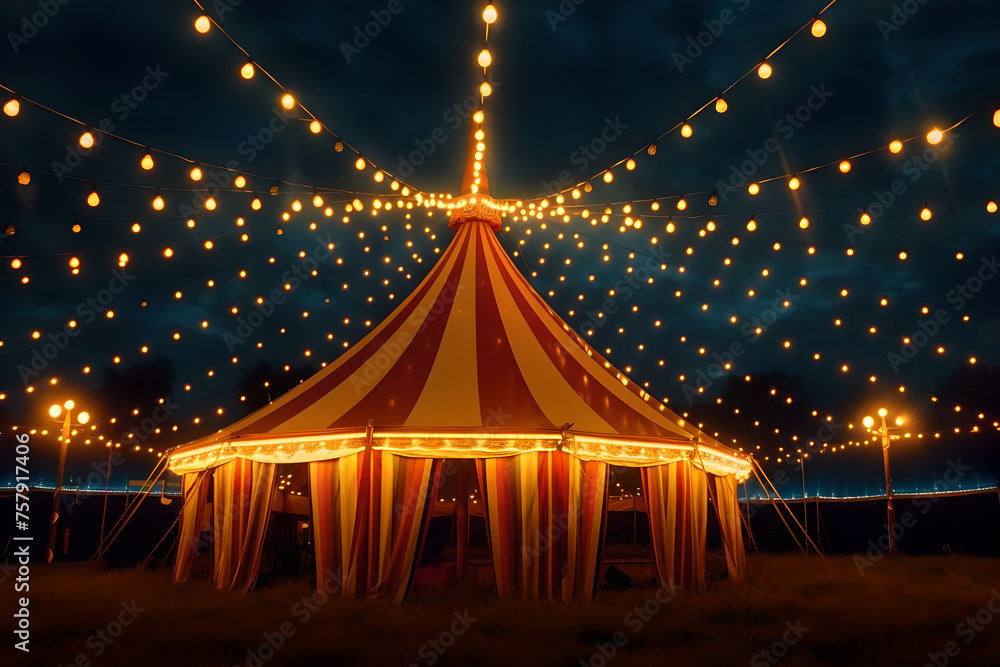 Stripes tent of circus evening with garland lights for show and childish entertainment. Circus canopy performance - obrazy, fototapety, plakaty 