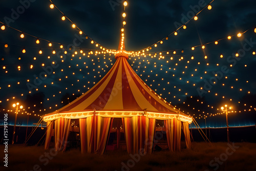 Stripes tent of circus evening with garland lights for show and childish entertainment. Circus canopy performance
