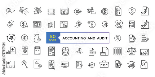 Accounting and audit line icons related to accounting, audit, taxes. Outline icon collection. Business symbols.