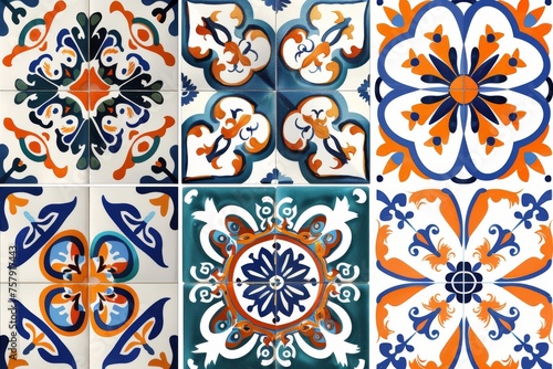 Traditional ceramic tile patterns from Portugal. Vibrant and colorful mosaic of traditional Portuguese ceramic tiles with intricate floral and geometric patterns