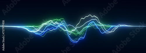 Abstract dynamic music wave. Technology background. Sound equalizer with lines. Stock, exchange or cryptocurrency chart. 3d rendering.