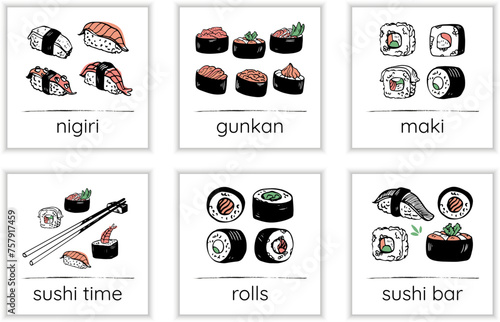 Vector hand drawn set of sushi cards designs. Japanese food restaurant, square backgrounds.