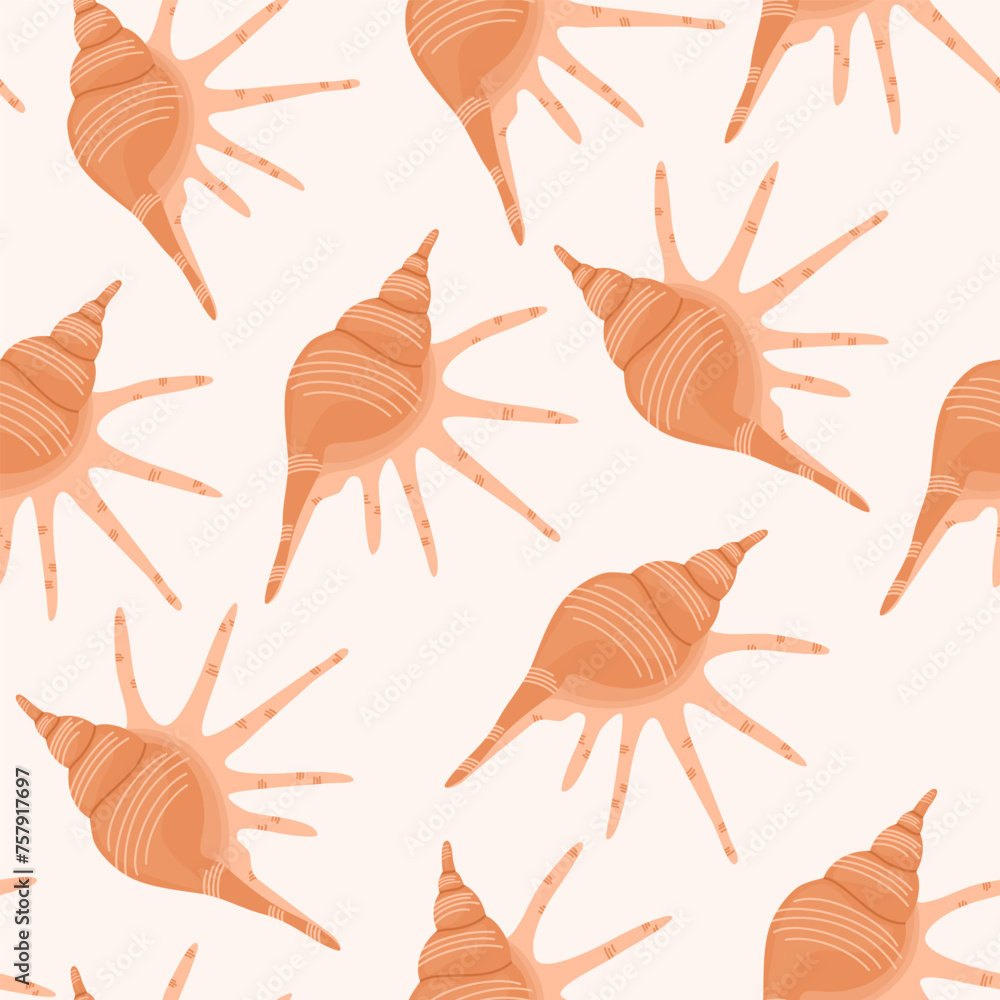 Sea shells seamless pattern. Summer marine animal background. Trendy pattern of seashells for wrapping paper, wallpaper, stickers, notebook cover. Vector ocean snail cartoon backdrop illustration. - obrazy, fototapety, plakaty 