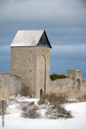 Visby citywall in snowy landscape in Sweden photo