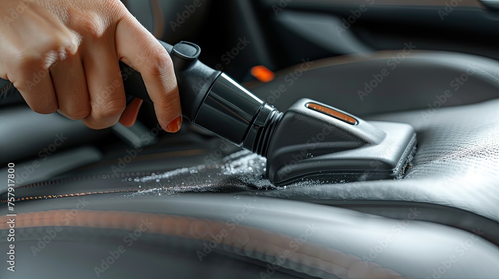 Close up of female hands cleaning leather car seat with vacuum cleaner.