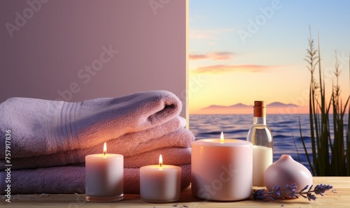 aromatic candles and lavender, table in spa massage room