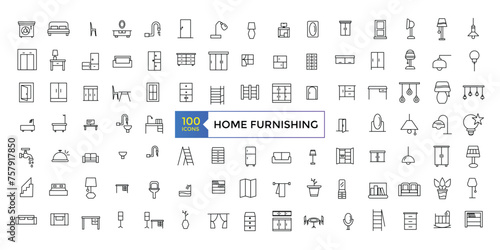 Home furnishing icon set vector isolated collection. Furniture, line icons set. Collection black outline logo for mobile apps web or site design. Interior vector.
