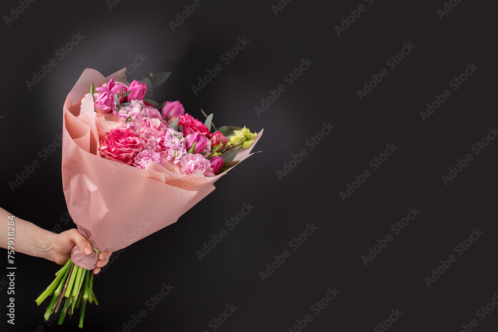 Flower bouquet composition, soft pastel colors, peonies and roses, spring celebration. Flower bouquet composition, soft pastel colors, peonies and roses, spring celebration.
