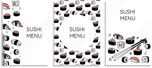 Vector hand drawn set of sushi menu designs. Japanese food restaurant posters