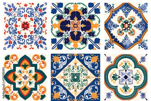 Traditional ceramic tile patterns from Portugal. Vibrant and colorful mosaic of traditional Portuguese ceramic tiles with intricate floral and geometric patterns