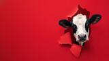 This dynamic image showcases a cow's head poking through a red paper background, creating a striking visual