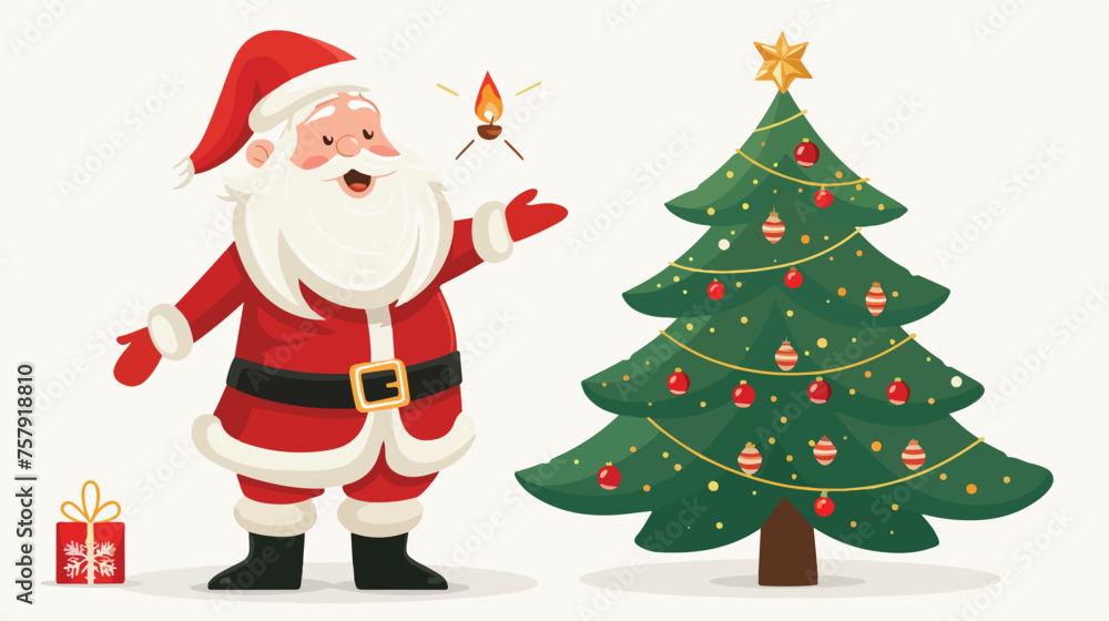 Jolly Santa Claus and Christmas tree flat vector 