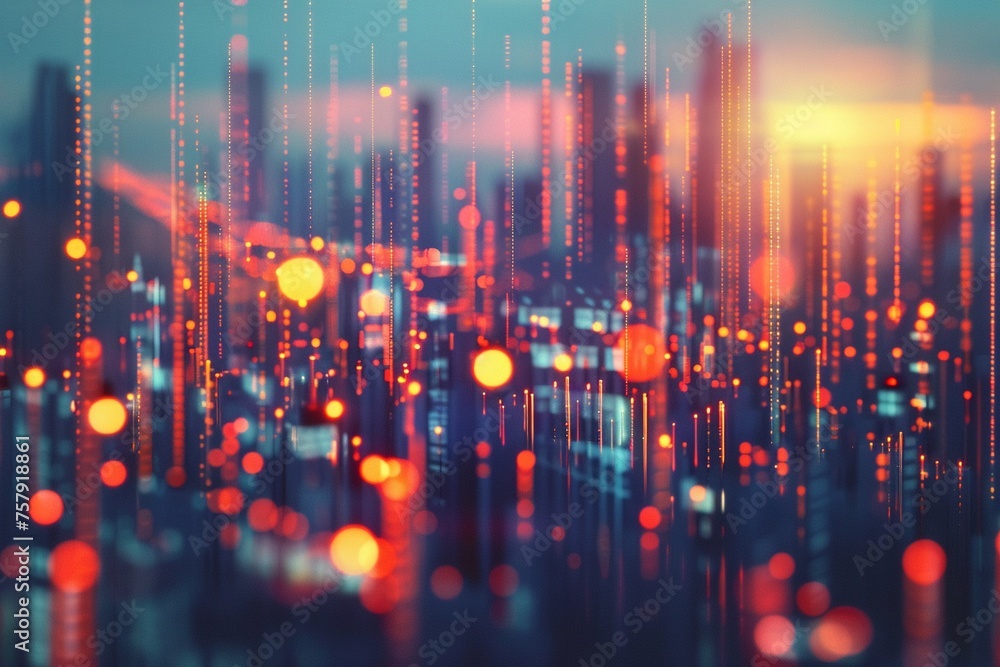 Abstract glowing big data chart on blurry city backdrop. Trade technology Abstract glowing big data chart on blurry city backdrop. Trade technology