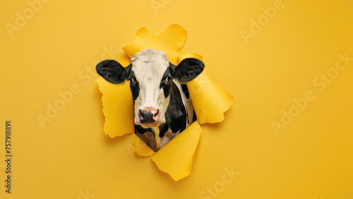 A playful cow face peers through a gap in a yellow paper, full of curiosity and wonder photo