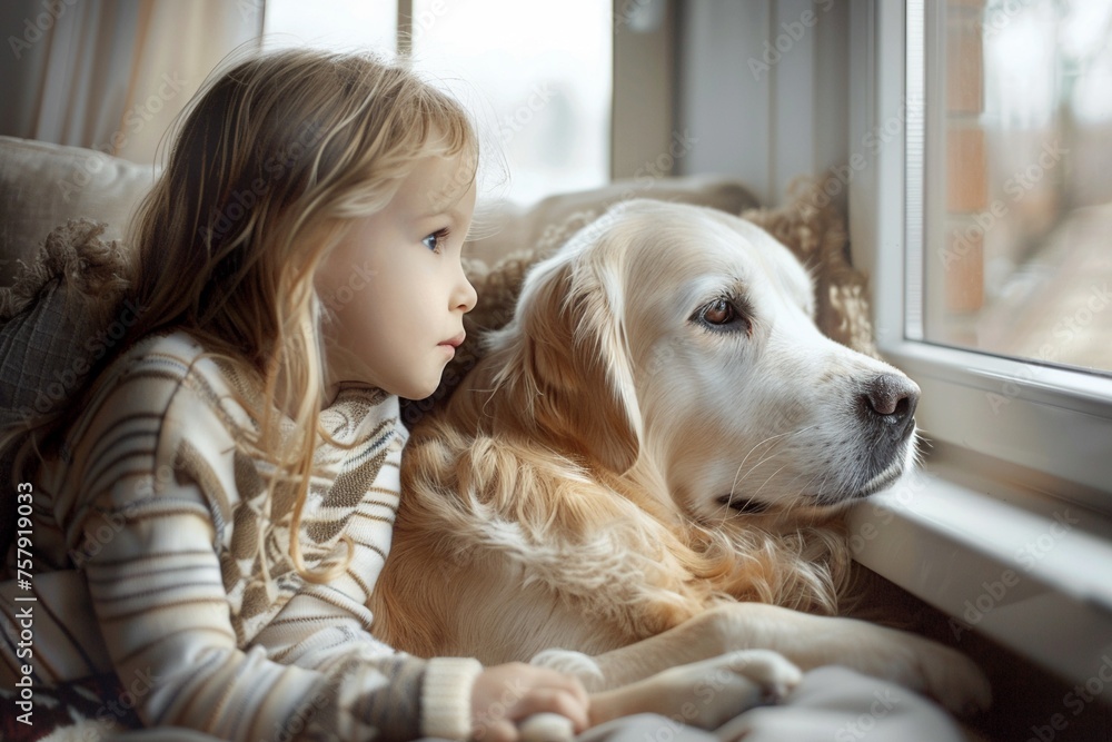 A young child girl stay home with her animal dog best friend pet. A young child girl stay home with her animal dog best friend pet.