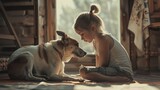 A young child girl stay home with her animal dog best friend pet.
