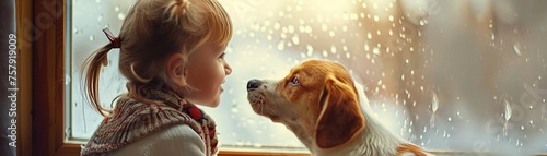 A young child girl stay home with her animal dog best friend pet. photo