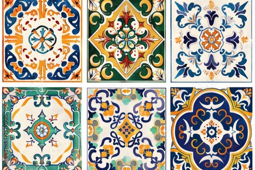 Traditional ceramic tile patterns from Portugal. Vibrant and colorful mosaic of traditional Portuguese ceramic tiles with intricate floral and geometric patterns