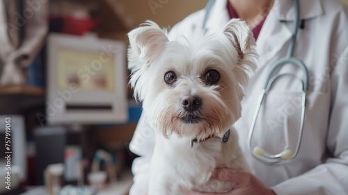 A doctor portrait and small white dog in the hands of a veterinarian. Caring for animals.