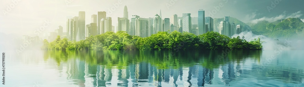 A double exposure of island with green forest lush and modern cityscape A double exposure of island with green forest lush and modern cityscape