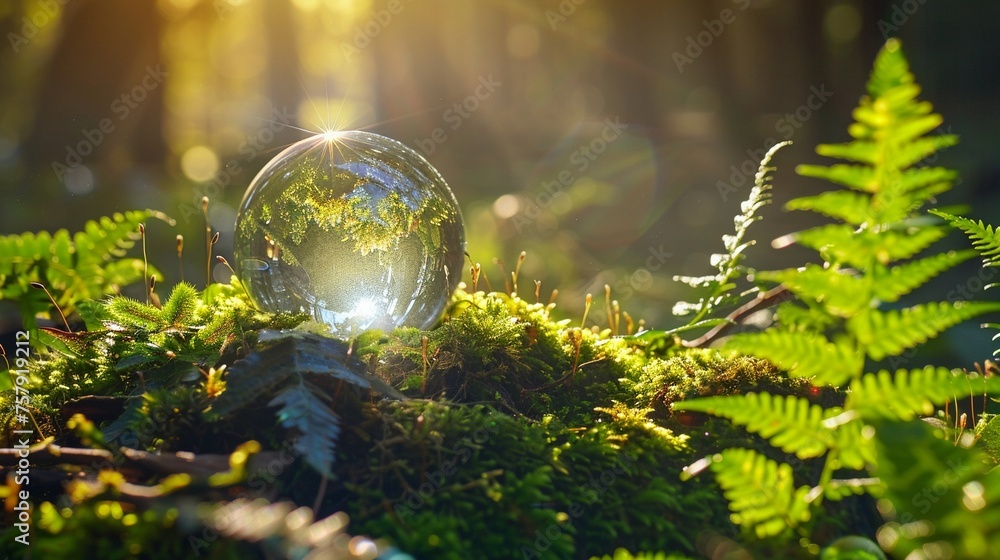 A Crystal Earth On moss In Forest With Ferns And Sunlight.