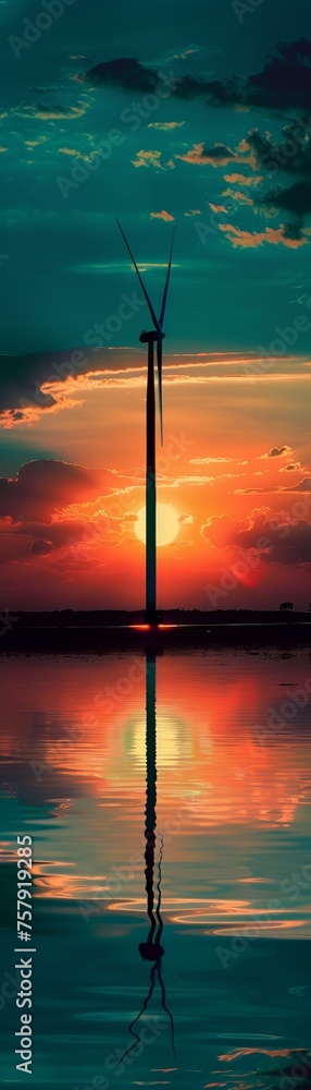 A wind turbines silhouette against a vibrant sunset