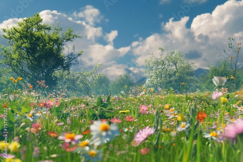 A flower meadow in spring on a sunny day.