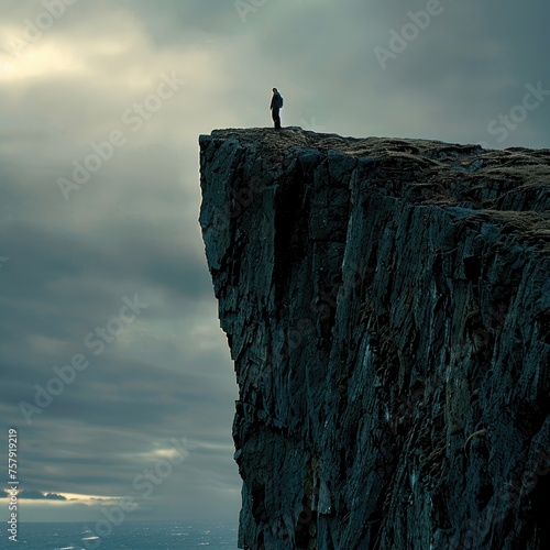 Man Contemplating on Cliff Over Clouds