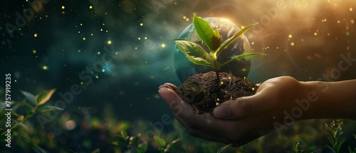 A hand gently holding earth with a sprouting seed