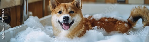 A Joyful shisu dog in bathtub full of soap foam. © Creative_Bringer