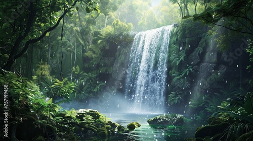 Panoramic beautiful deep forest waterfall.