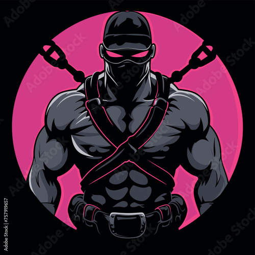 Pumped-up man in harness, mask and chains. Round element for t-shirt (vector)