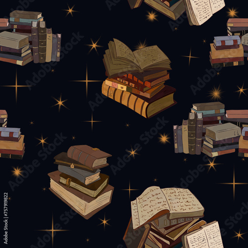 Seamless pattern with books on a black background with stars for textiles, bookstore design, knowledge and science day.