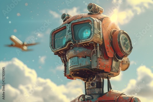 Robot in Dieselpunk Style Looking Up at an Airplane in the Sky
