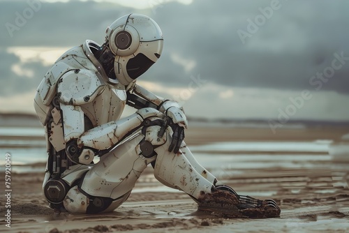Futuristic Robot Relaxing on Beach at Sunset photo