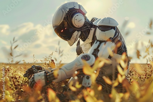 Robot Among Grass Field in Sci-Fi Style