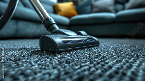 Vacuum cleaner on carpet in living room, closeup view
