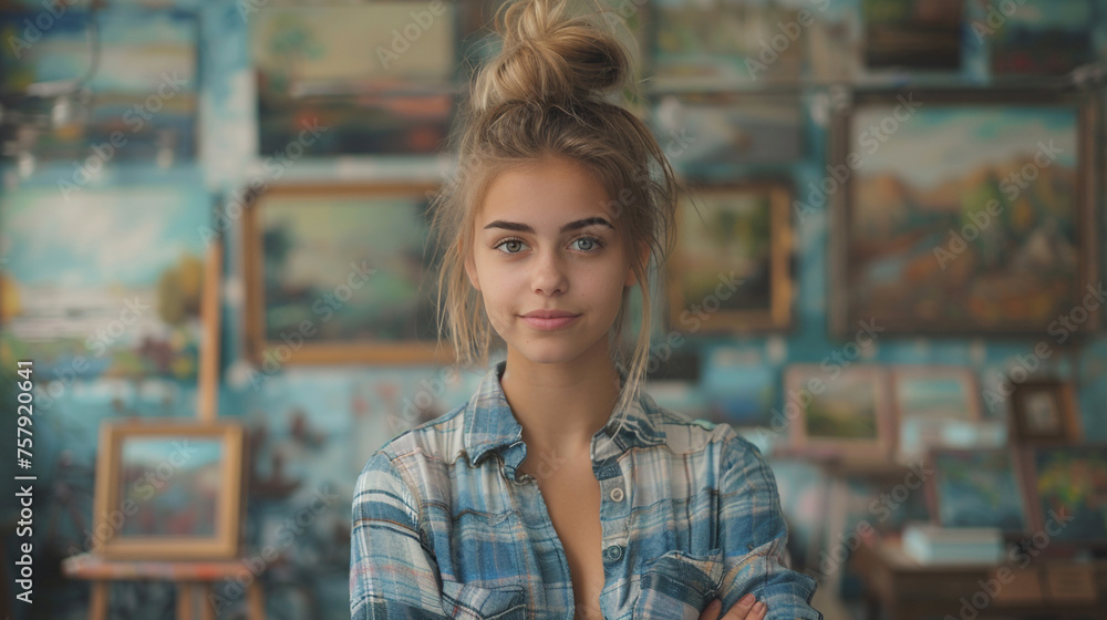 Woman Standing in Front of Wall Covered in paintings