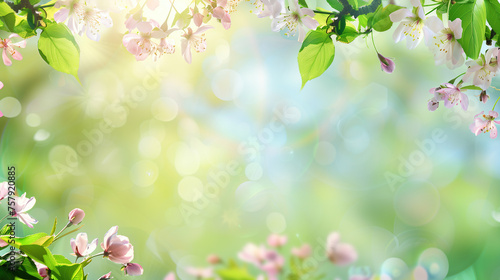 Spring background with green grass and flowers, copy space