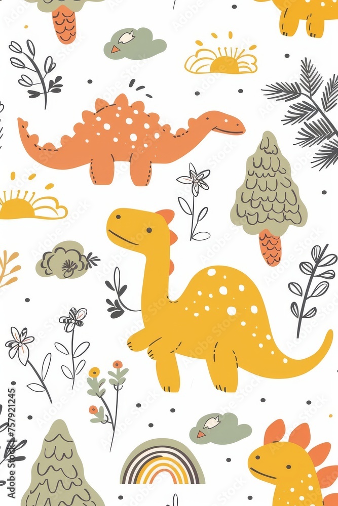 Naklejka premium Colorful cartoon dinosaurs in a whimsical landscape. This vibrant image showcases playful cartoon dinosaurs in a variety of colors, surrounded by whimsical flora and other cute elements