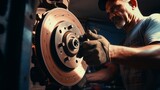 Experienced mechanic performing brake pad replacement on a car for regular maintenance