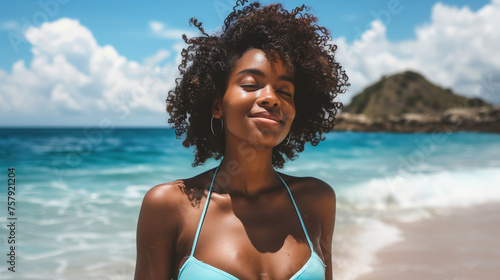 Portrait of young black woman at the beach