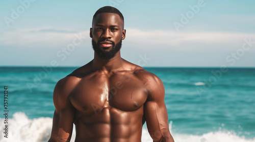 Portrait of young muscular african american man on the beach