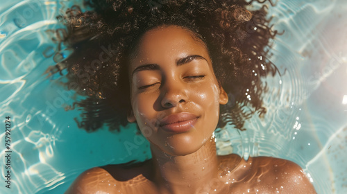 Black woman with eyes closed relaxing in the water  high angle view