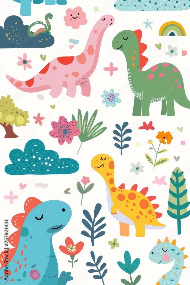 Obraz premium Colorful cartoon dinosaurs in a whimsical landscape. This vibrant image showcases playful cartoon dinosaurs in a variety of colors, surrounded by whimsical flora and other cute elements