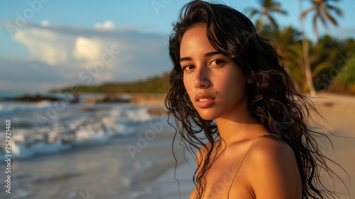 Portrait of young hispanic woman at the beach © NadiaArts